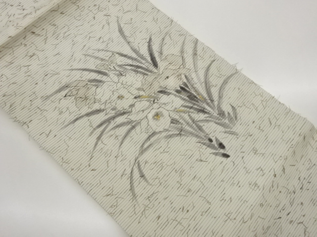 JAPANESE KIMONO / HIGE TSUMUGI GOLD-ACCENTED HAND-PAINTED IRIS PATTERN
